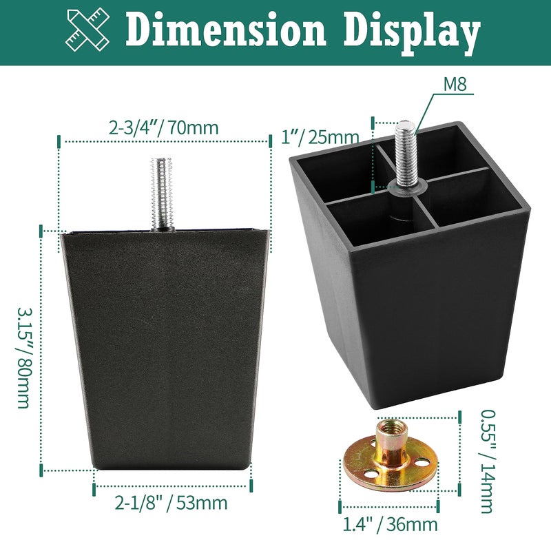 Masendelk 8pcs Plastic Furniture Legs 3 inch, Black Couch Legs Square Furniture Feet Sofa Replacement Legs with M8 Plate Nuts for Couch Table Sofa - Image 4